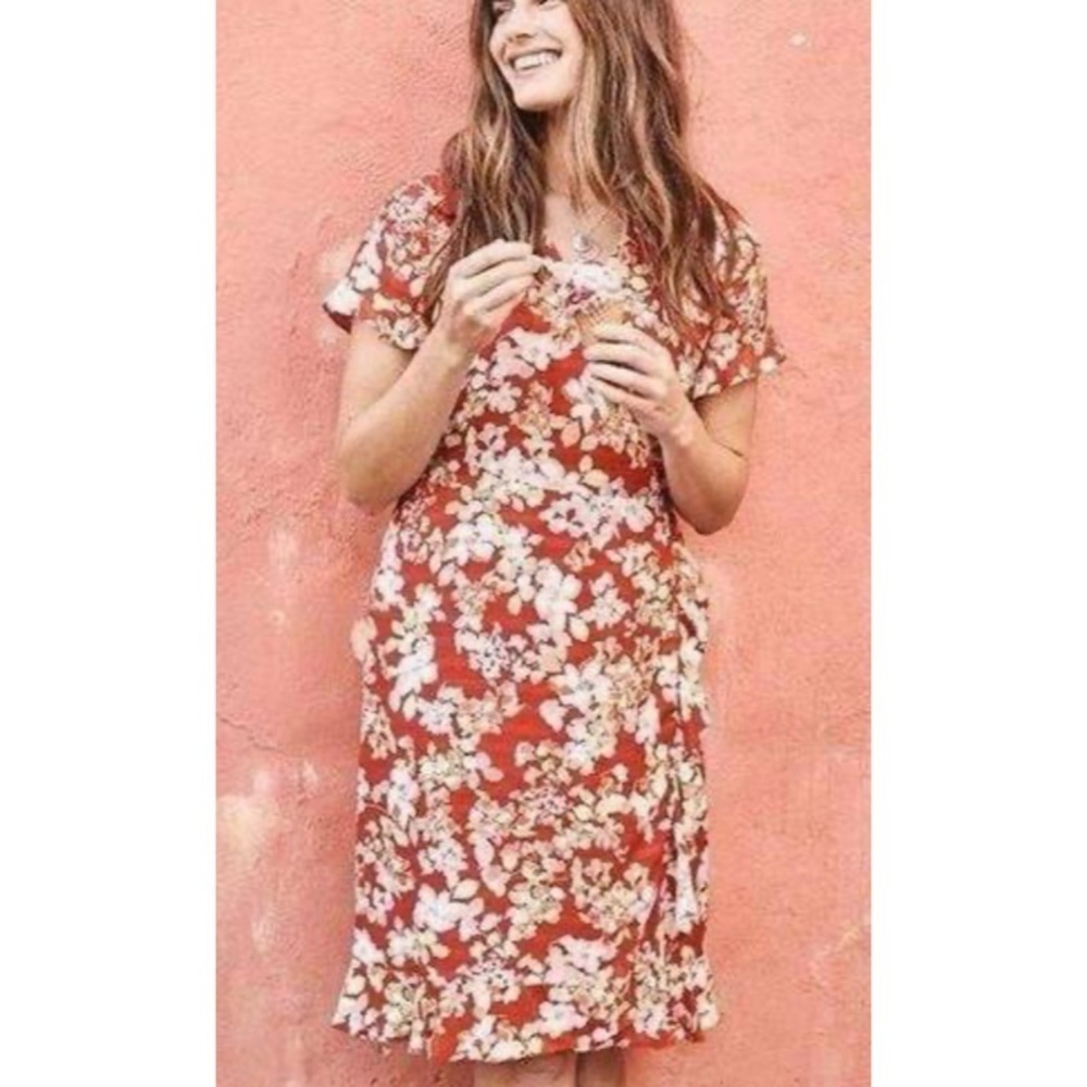 NWT J. Jill Red Floral Short Sleeve Satin Papaya Wrap Midi Dress 2X